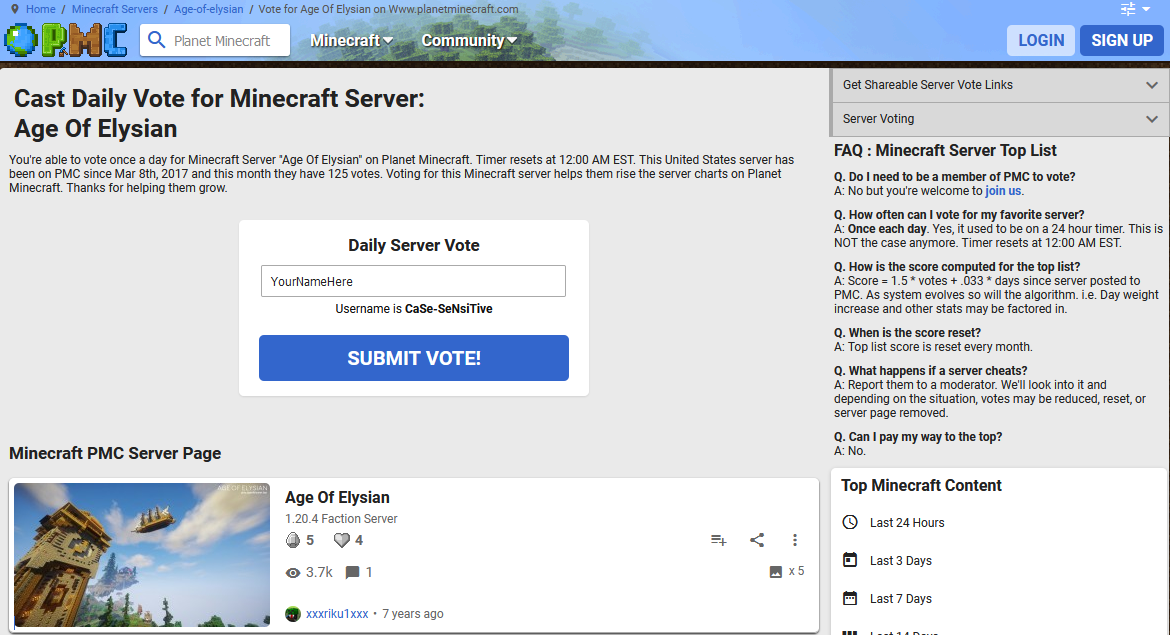 PlanetMinecraft Voting Page